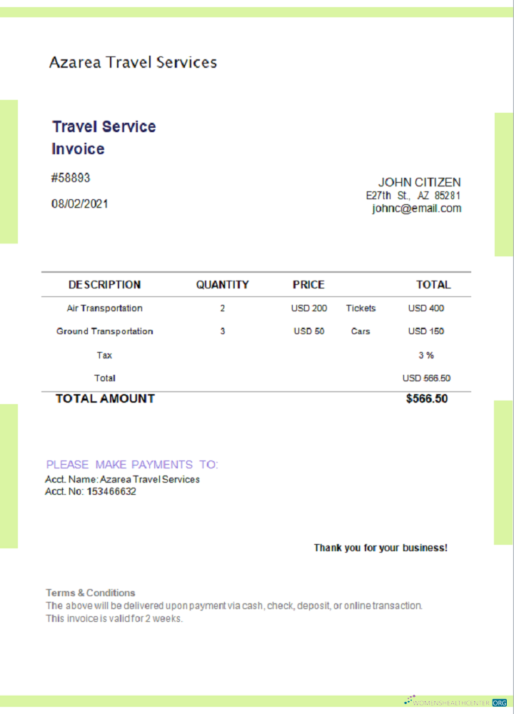 Download USA Azarea Travel Services invoice Photoshop template